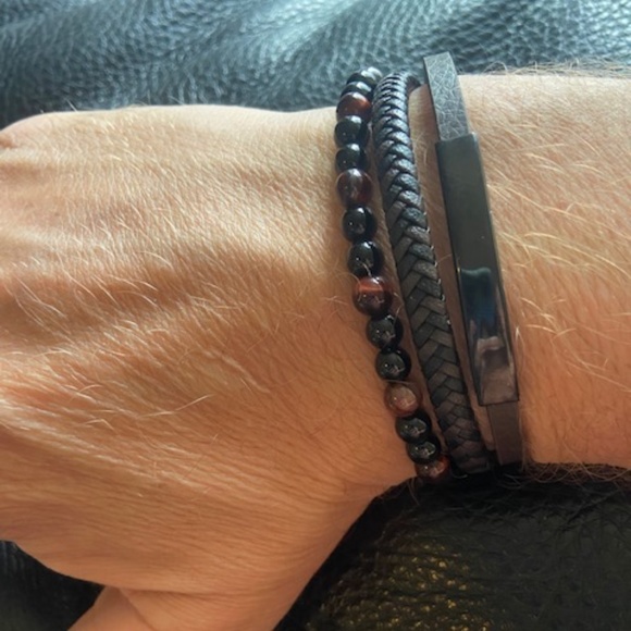 Misa & Co. Stainless Steel, Tiger Eye Beads and Leatherl Bracelet - Picture 1 of 3